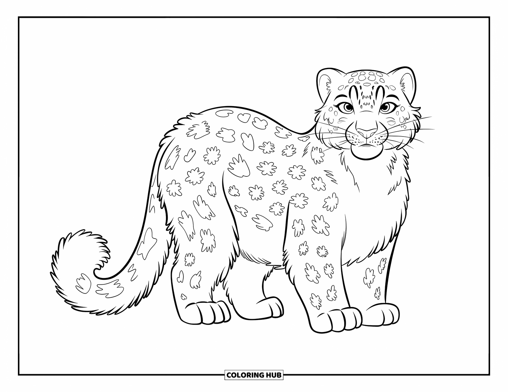 Big Cat Coloring Page for Kids: Snow leopard standing with a curled tail on plain ground