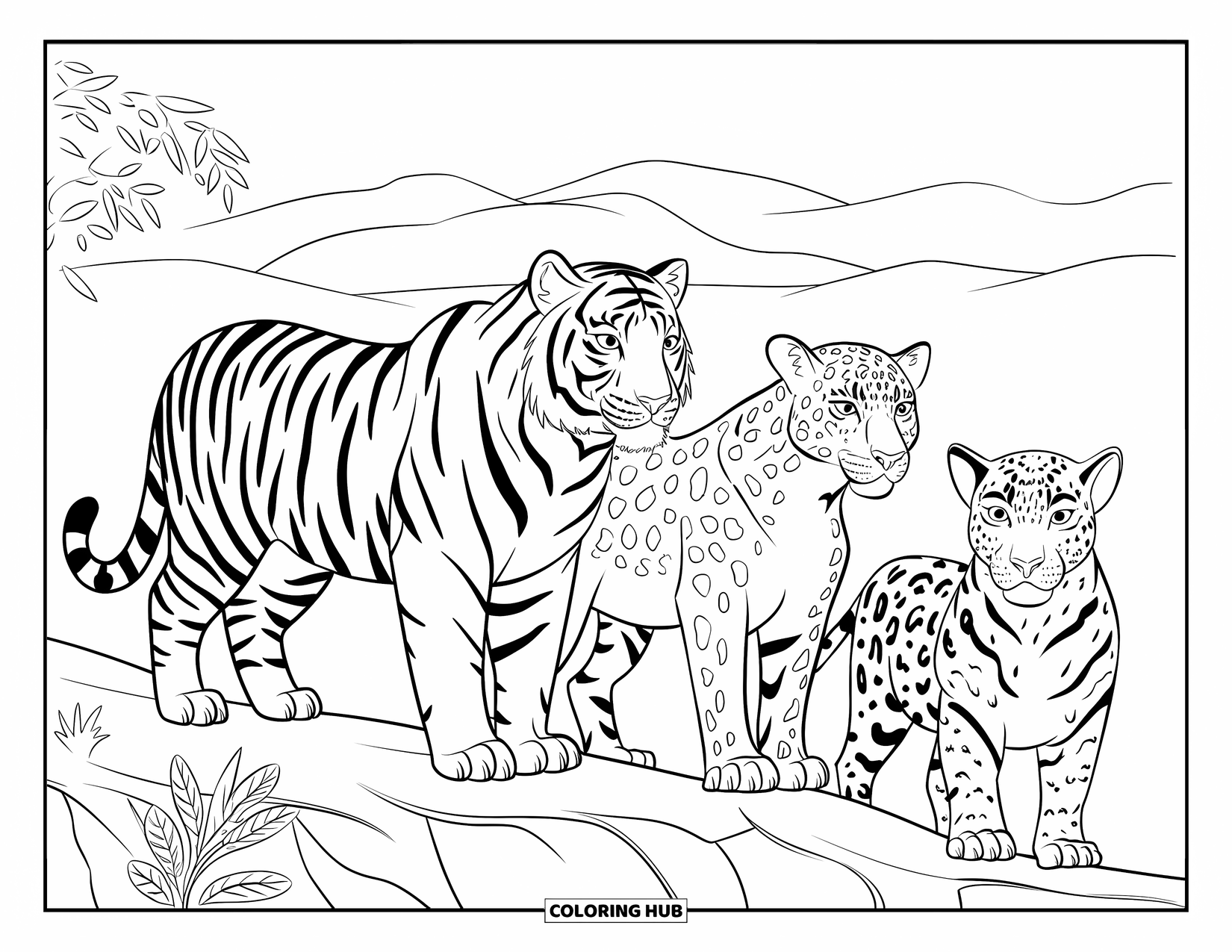 Big Cat Coloring Page for Kids: Three big cats standing on a ledge with distant mountains