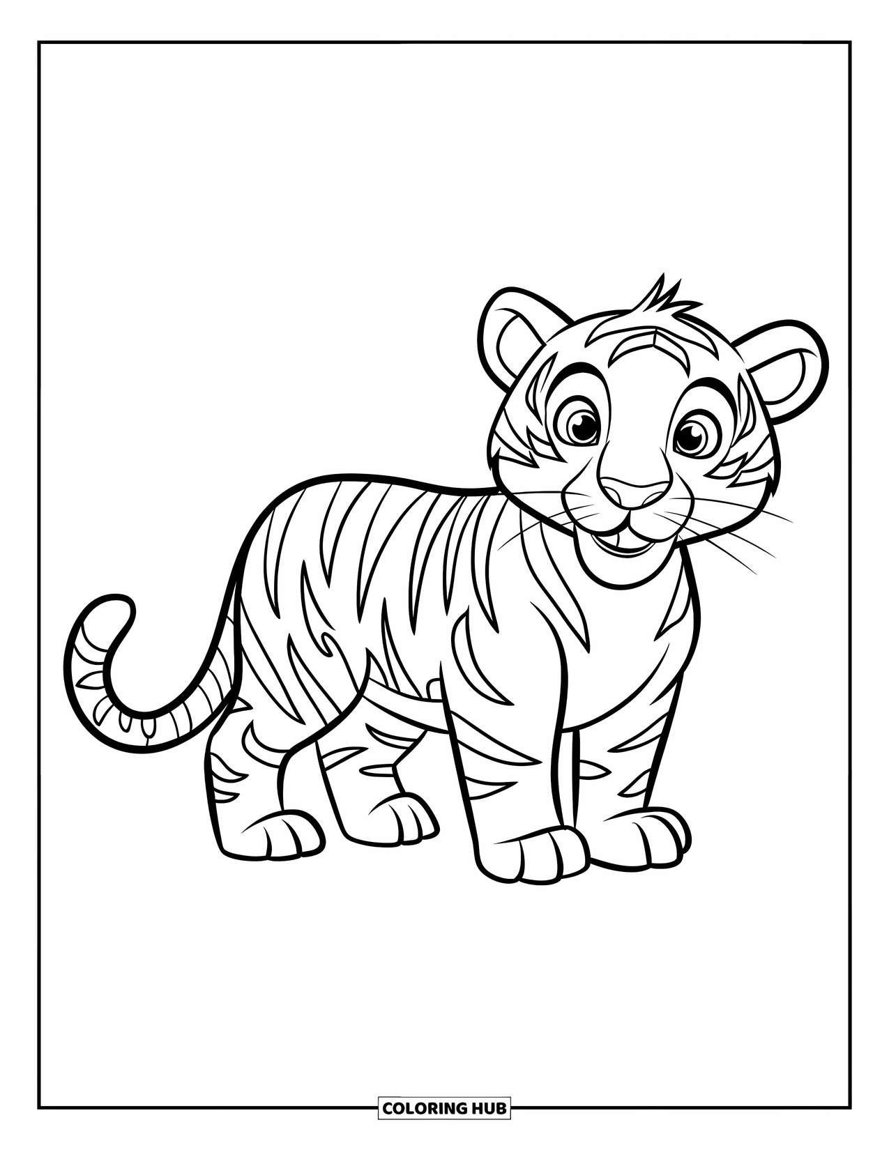 Big Cat Coloring Page for Kids: Tiger standing with stripes and tail curled up