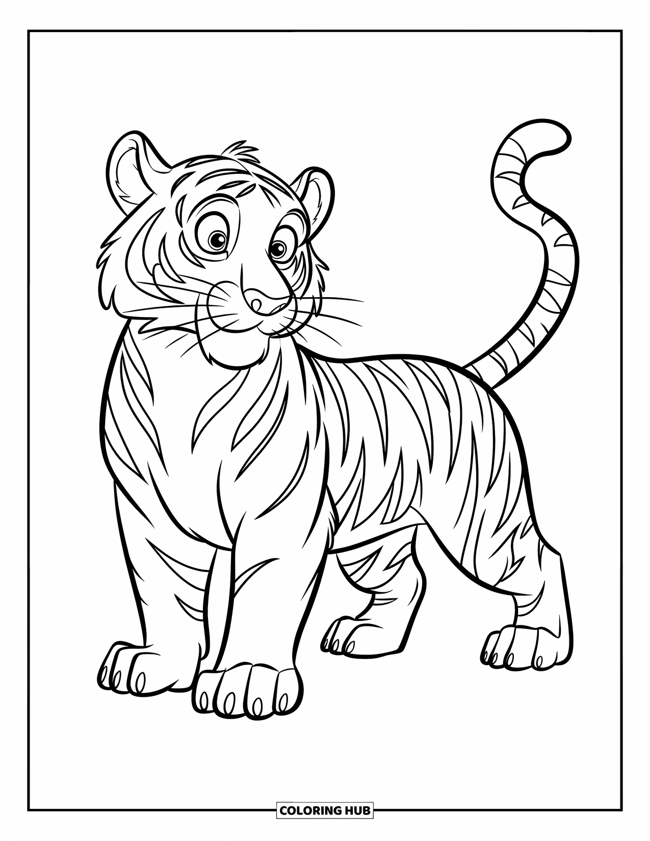 Big Cat Coloring Page for Kids: Tiger with wide eyes standing on plain background