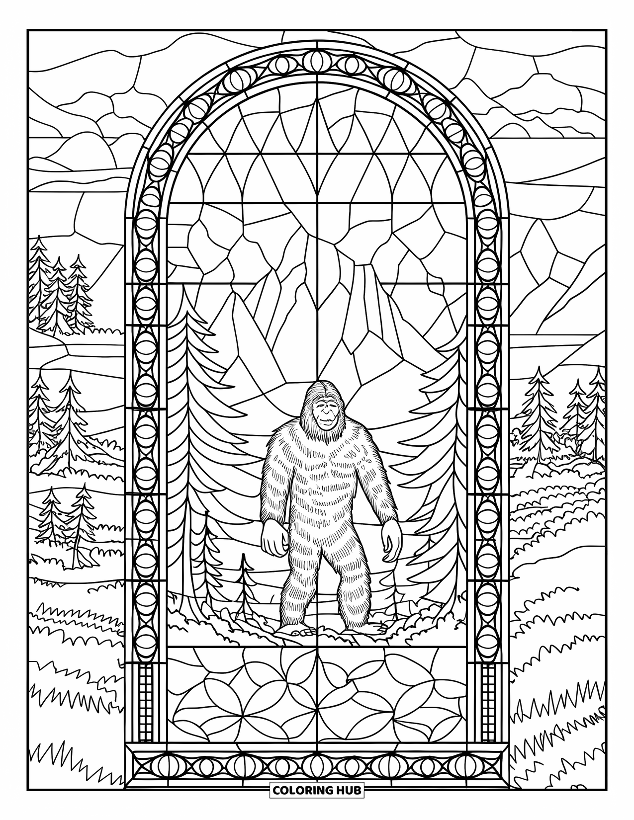 Bigfoot Coloring Page for Adults: A large stained glass window shows Bigfoot centered among trees, peaks, and leaf-shaped glass panes