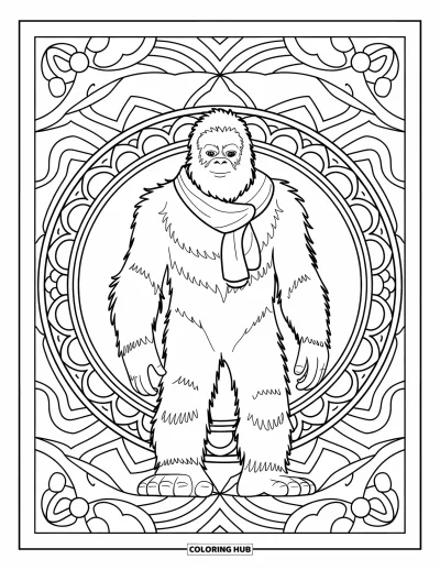 Ζωγραφιά με Bigfoot για μεγάλους: Ο ήρεμος Bigfoot με κασκόλ πλαισιωμένος από μάνταλα με λεπτομερή καλλιτεχνικά στοιχεία