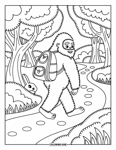 Ζωγραφιά με Bigfoot για μεγάλους: Ο Bigfoot πεζοπορεί με μικρό σακίδιο, κουνέλι, παραμυθένια δέντρα και πέτρες στο μονοπάτι