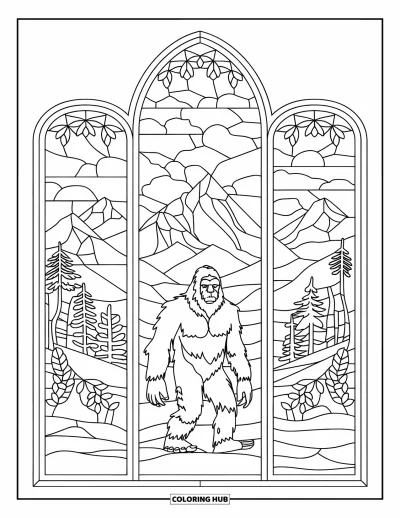 Ζωγραφιά με Bigfoot για μεγάλους: Ο Bigfoot στο κέντρο λεπτομερούς βιτρό παραθύρου με φόντο δάσος και βουνά