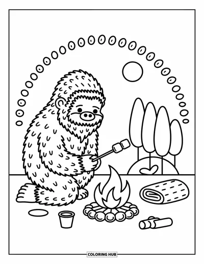Ζωγραφιά με Bigfoot για μεγάλους: Ο Bigfoot γονατίζει δίπλα στη φωτιά ψήνοντας μαρσμέλοους, με κούπα και φεγγάρι πίσω από τα δέντρα