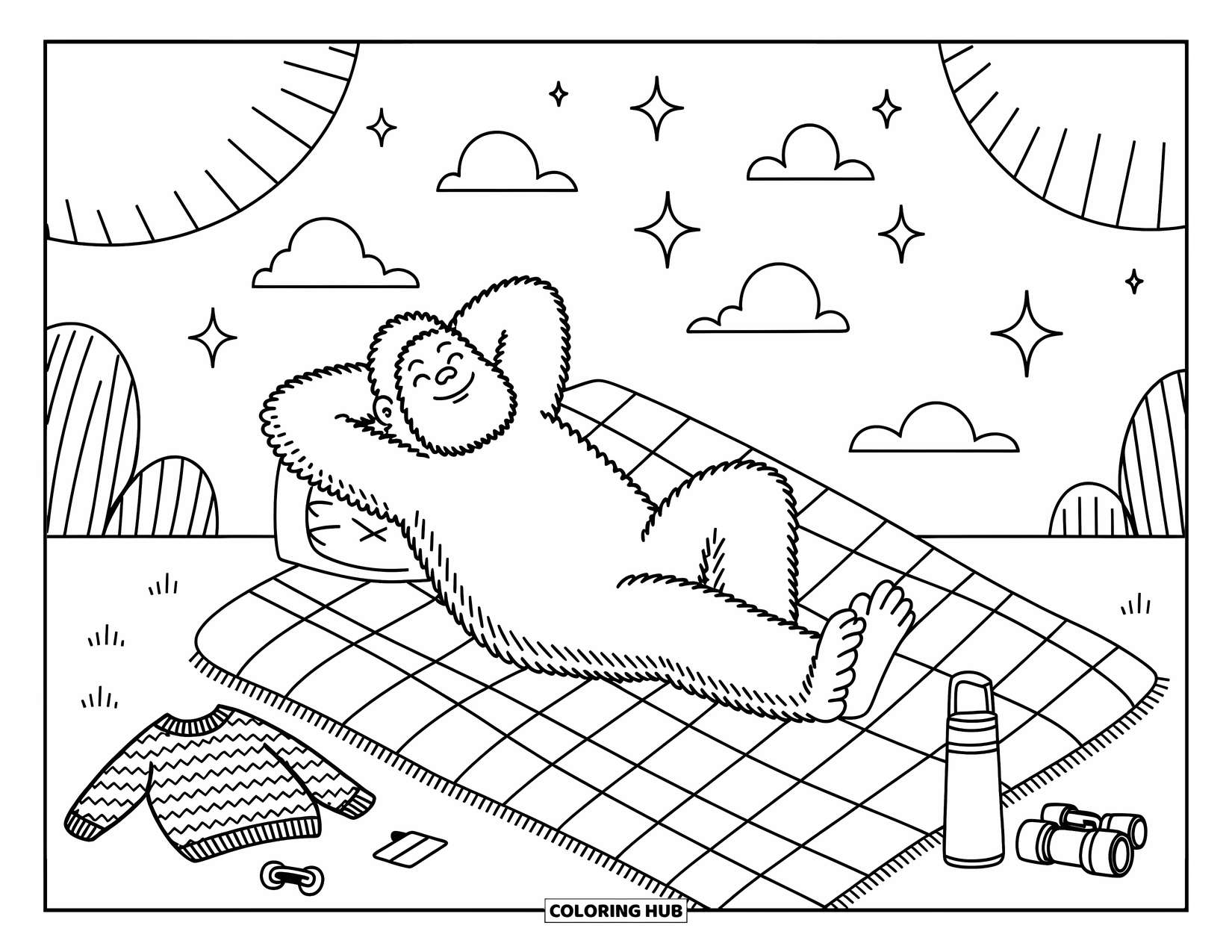 Bigfoot Coloring Page for Adults: Bigfoot lies on a blanket, looking at stars with clouds, trees, and cozy details around