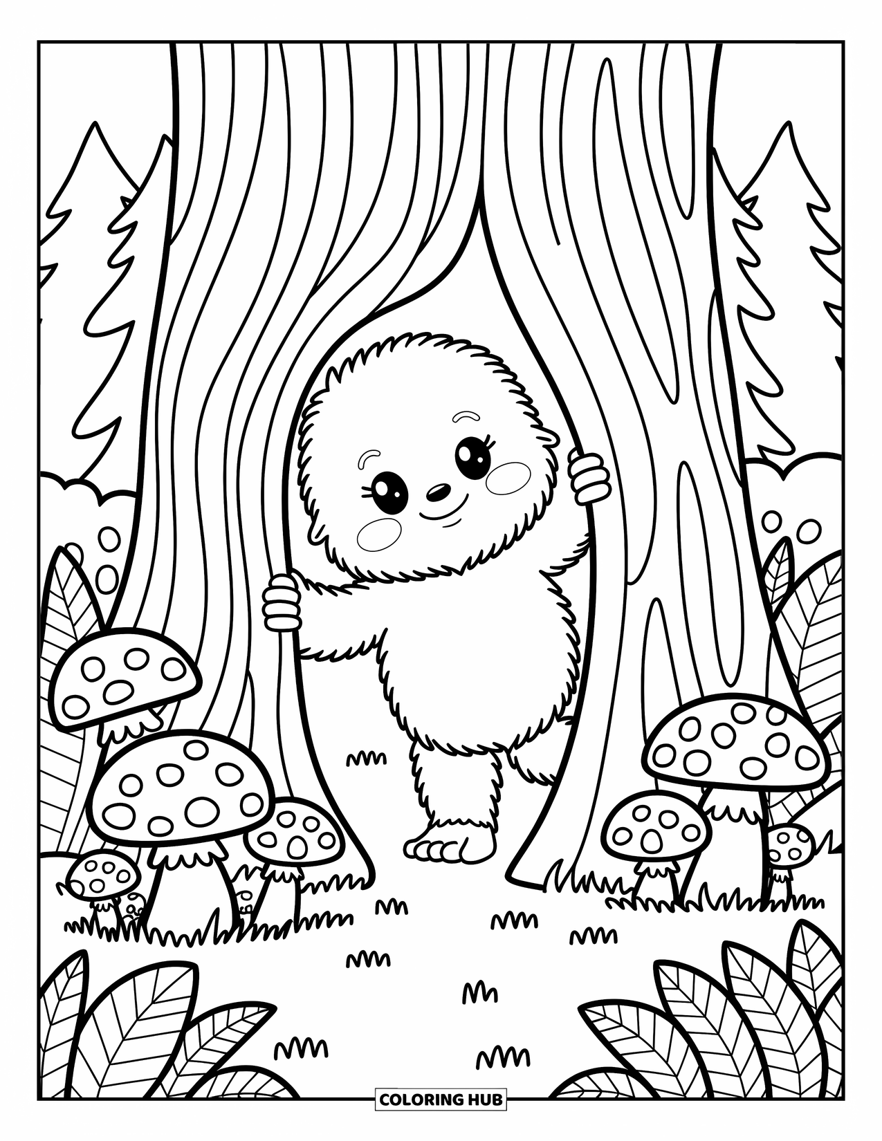 Bigfoot Coloring Page for Adults: Bigfoot peeks from behind a big tree with playful forest details all around