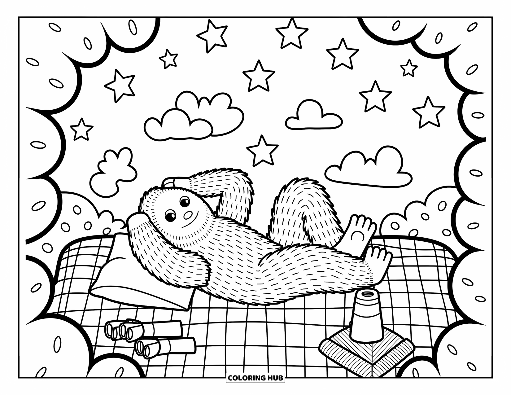 Bigfoot Coloring Page for Adults: Bigfoot relaxes under the stars with a blanket, sweater, thermos, and swirling sky above