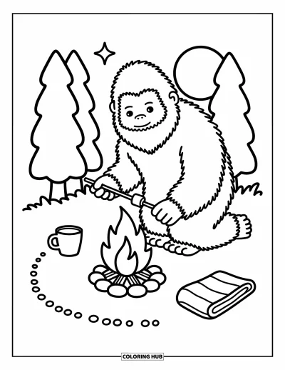 Ζωγραφιά με Bigfoot για μεγάλους: Ο Bigfoot ψήνει μαρσμέλοους στη φωτιά με κουβέρτα, κούπα και φεγγαρόλουστα δέντρα γύρω