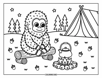 Ζωγραφιά με Bigfoot για μεγάλους: Ο Bigfoot κάθεται δίπλα στη φωτιά κάτω από τα άστρα με φανάρια και άνετη σκηνή κοντά