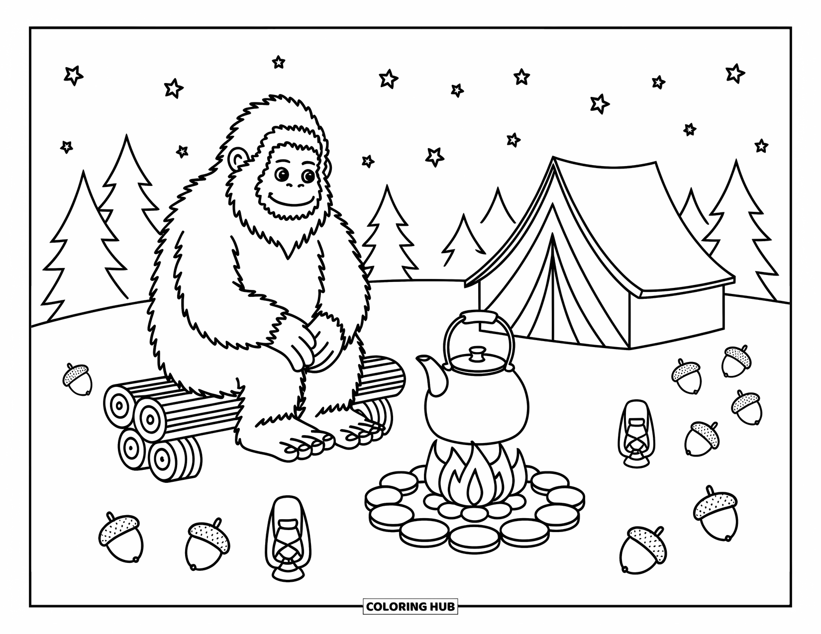 Bigfoot Coloring Page for Adults: Bigfoot sits by the fire, watching a kettle boil beside a tent and lanterns