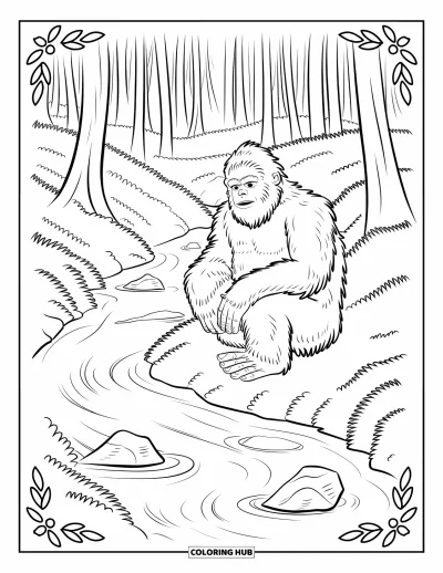 Ζωγραφιά με Bigfoot για μεγάλους: Ο Bigfoot κάθεται σταυροπόδι δίπλα σε ρυάκι με στροβιλιστές πέτρες, φύλλα και περιγράμματα δάσους