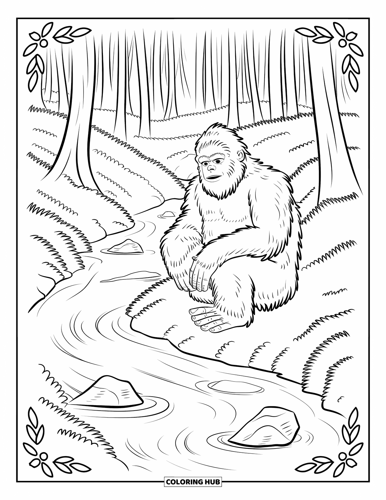 Bigfoot Coloring Page for Adults: Bigfoot sits cross-legged beside a stream, with swirling rocks, leaves, and forest borders