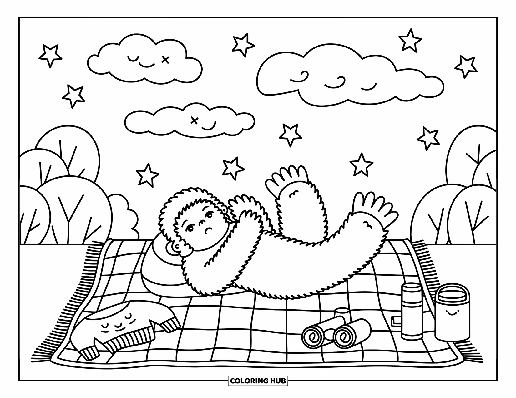 Bigfoot Coloring Page for Adults: Bigfoot smiles up at the sky, surrounded by a blanket, thermos, and gentle stars