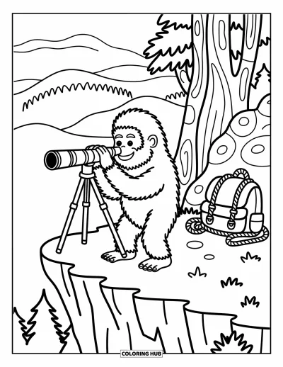 Ζωγραφιά με Bigfoot για μεγάλους: Ο Bigfoot στέκεται σε γκρεμό με τηλεσκόπιο, δέντρα και εξοπλισμό γύρω