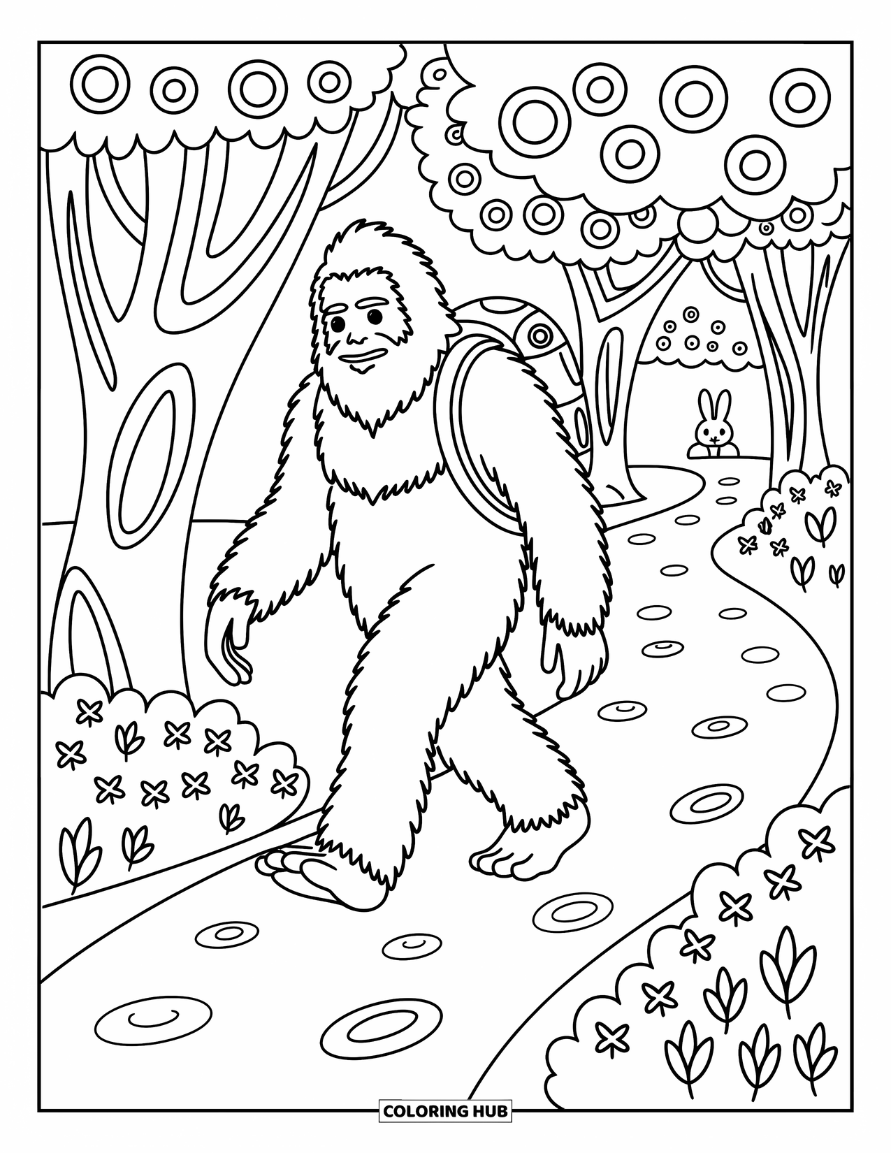 Bigfoot Coloring Page for Adults: Bigfoot strolls a path with a small backpack, playful footprints, and a curious rabbit