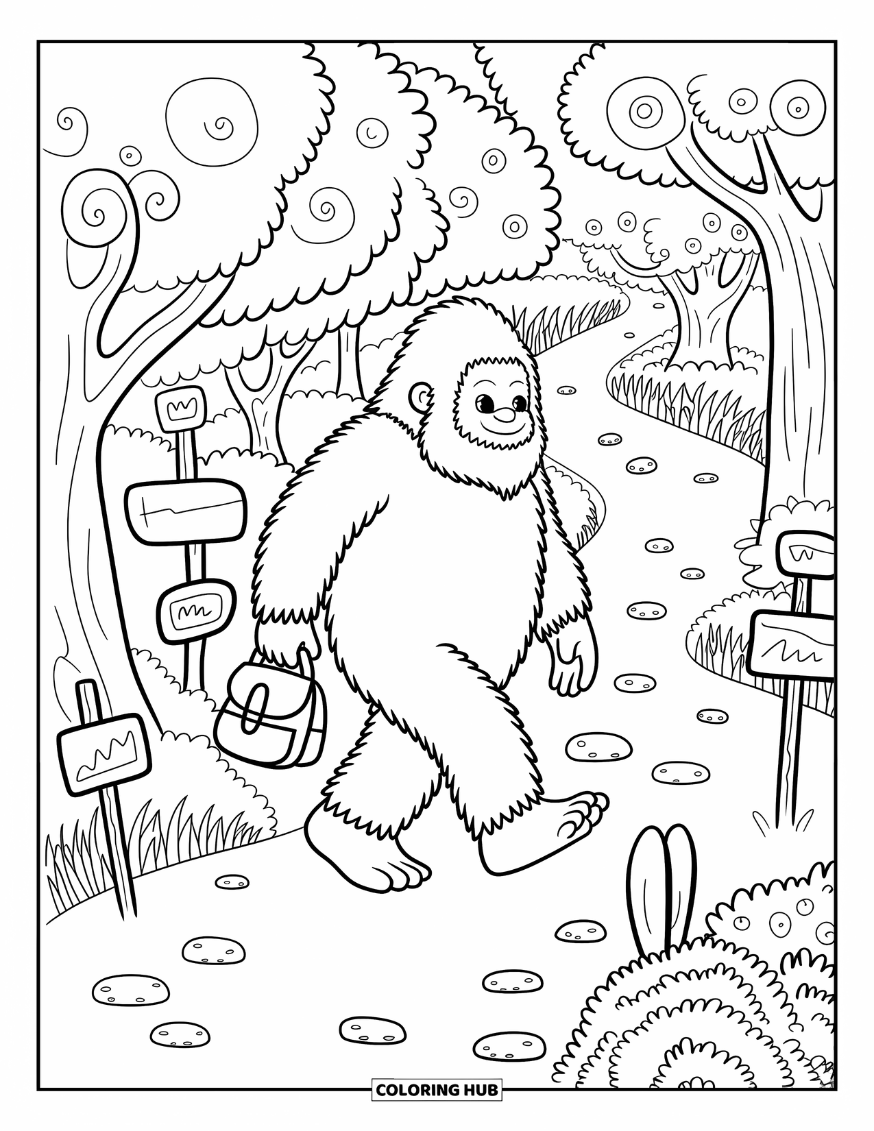 Bigfoot Coloring Page for Adults: Bigfoot walks a forest trail with a tiny backpack, rabbit, footprints, and swirling trees