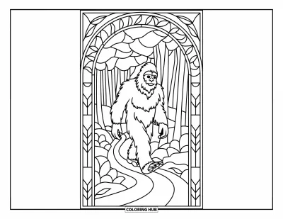 Ζωγραφιά με Bigfoot για μεγάλους: Ο Bigfoot ακολουθεί ελικοειδές μονοπάτι δάσους σε βιτρό παράθυρο με φυλλώδεις αψίδες και γεωμετρικά ζωγραφιές