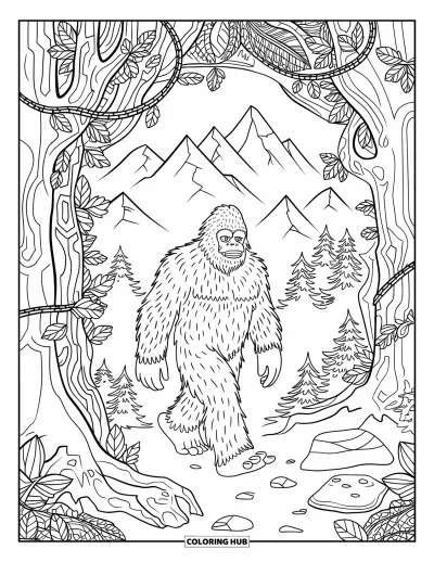 Ζωγραφιά με Bigfoot για μεγάλους: Ο Bigfoot περνά δίπλα από κορμούς και βράχους σε διακοσμητικό δάσος με βουνά και καλλιτεχνικά περιγράμματα