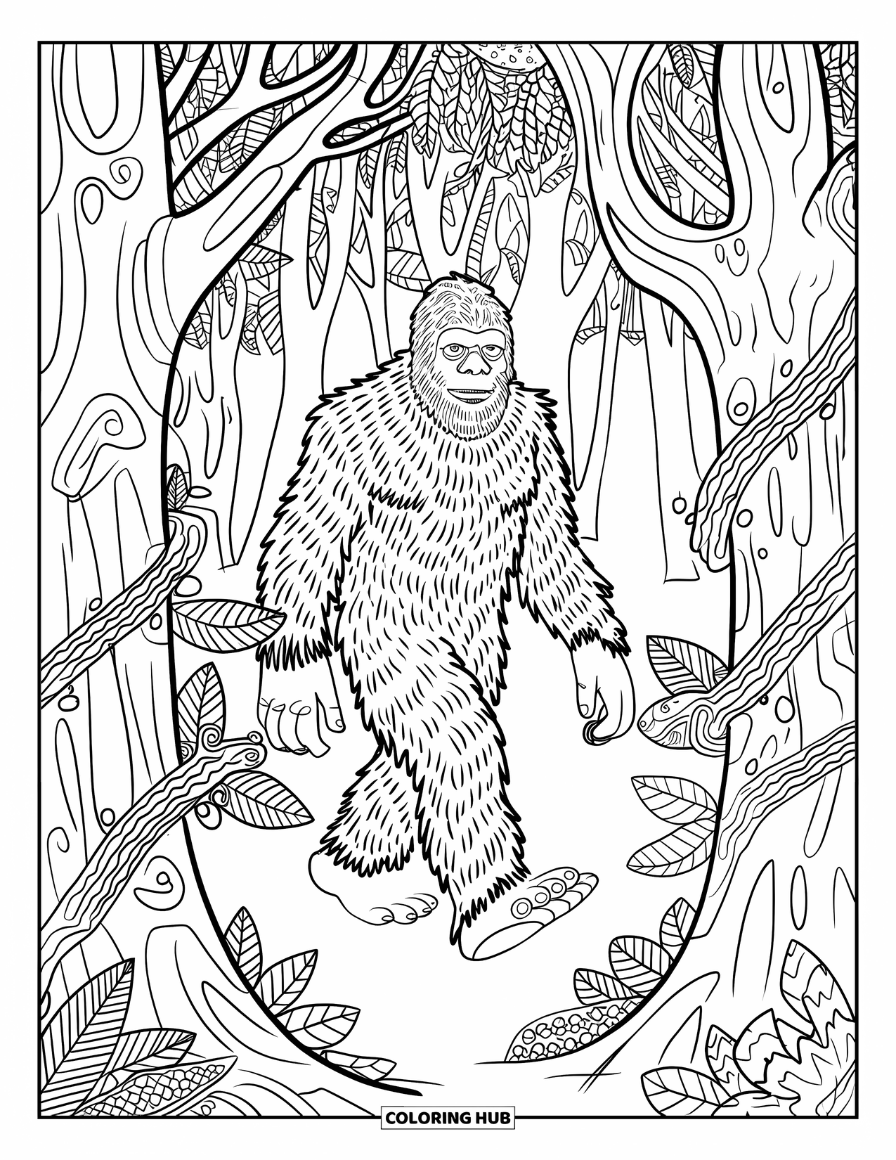 Bigfoot Coloring Page for Adults: Bigfoot walks through a forest of patterned bark, vines, and leaves in a relaxing design