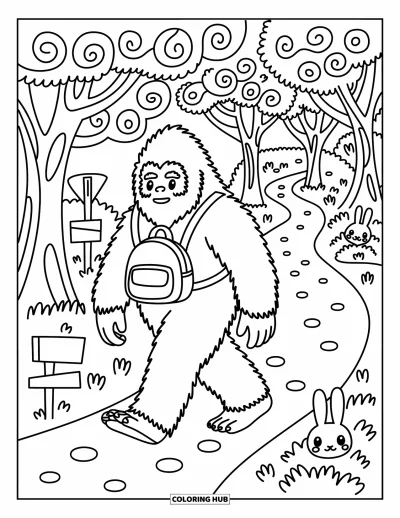 Ζωγραφιά με Bigfoot για μεγάλους: Ο Bigfoot περπατά στο δάσος με μικρό σακίδιο και ένα περίεργο κουνέλι κοντά του