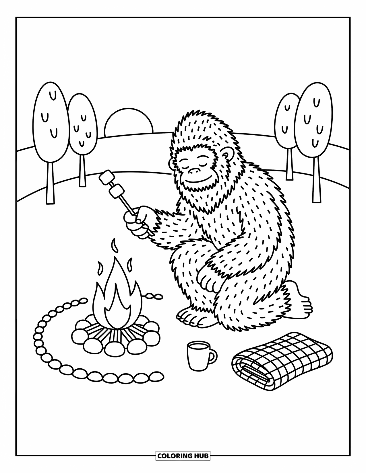 Bigfoot Coloring Page for Adults: Bigfoot warms marshmallows by the fire under moonlight, with a cup and blanket beside