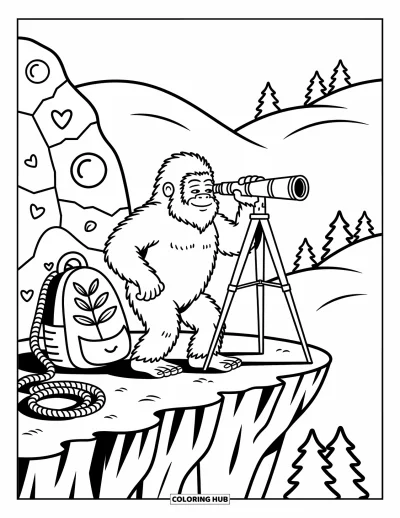 Ζωγραφιά με Bigfoot για μεγάλους: Ο Bigfoot παρατηρεί λόφους μέσα από τηλεσκόπιο, κοντά σε σχοινί, πέτρες και σακίδιο