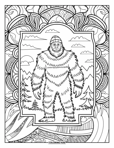 Ζωγραφιά με Bigfoot για μεγάλους: Ο Bigfoot με γενειάδα και καπέλο μπροστά σε μάνταλα με δέντρα, βουνά και ουρανό