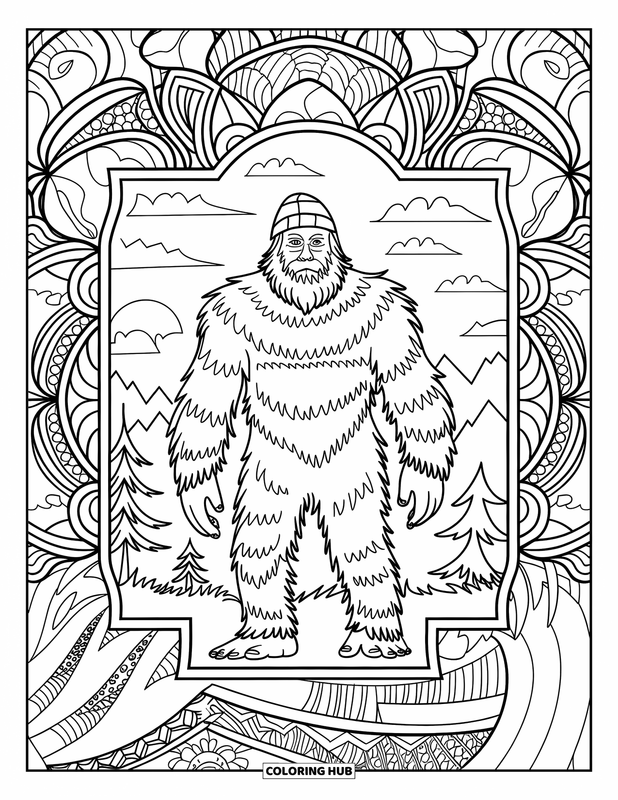 Bigfoot Coloring Page for Adults: Bigfoot with a beard and hat stands against a mandala filled with trees, mountains, and sky