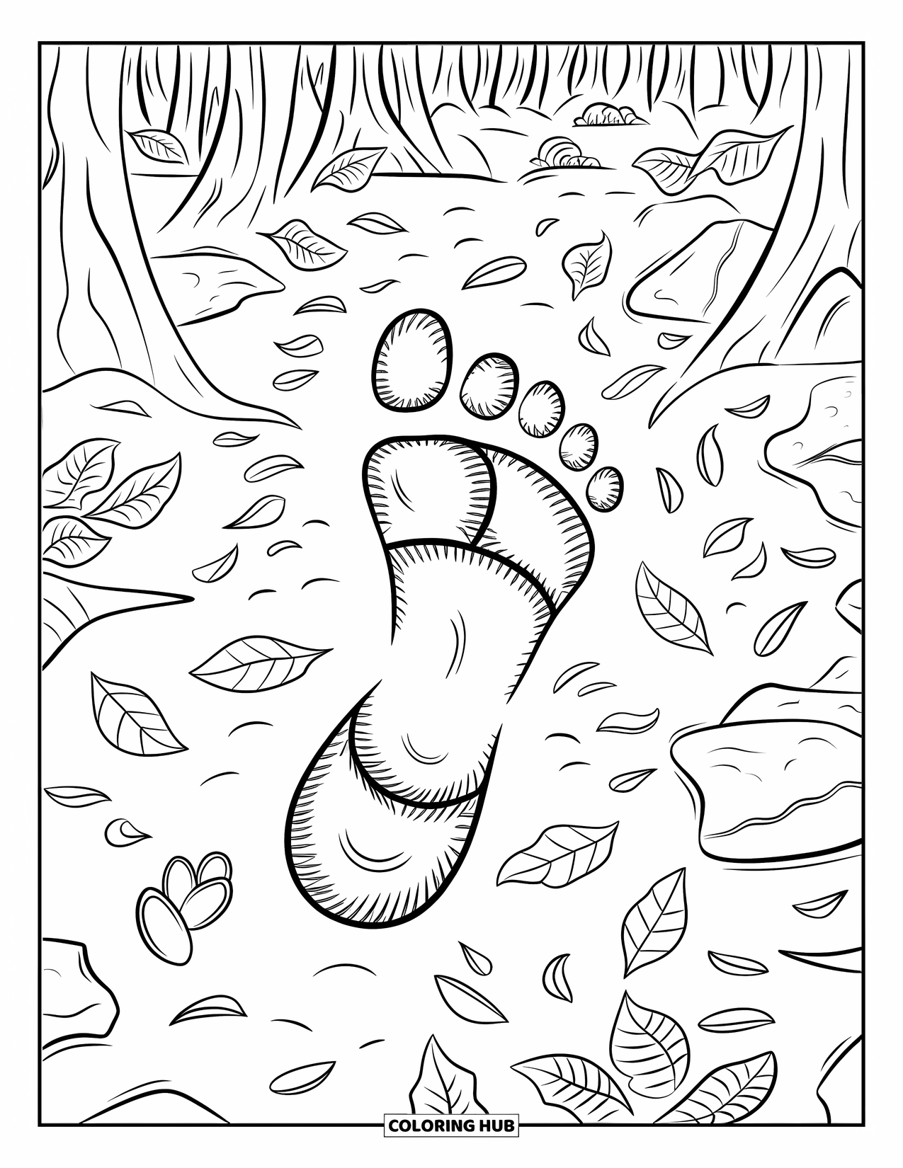 Bigfoot Coloring Page for Kids: A detailed Bigfoot footprint appears near forest leaves and rocks