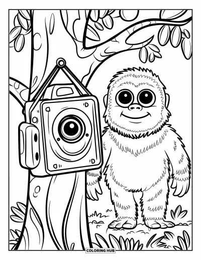 Ζωγραφιά με Bigfoot για παιδιά: Ένας χαρούμενος Bigfoot καταγράφεται από κάμερα ανίχνευσης μέσα σε φυλλώδες δάσος