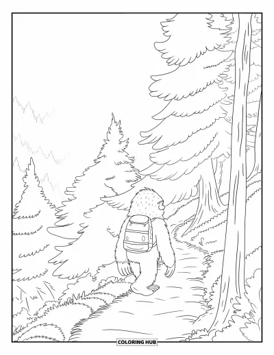 Ζωγραφιά με Bigfoot για παιδιά: Ο Bigfoot με σακίδιο σκαρφαλώνει σε στενό μονοπάτι δάσους μέσα στην ομίχλη