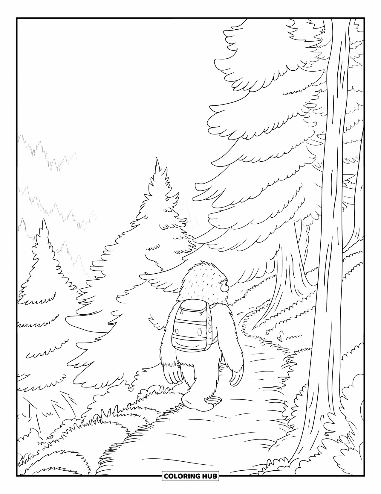 Bigfoot Coloring Page for Kids: Backpacked Bigfoot climbs a narrow forest trail in the mist