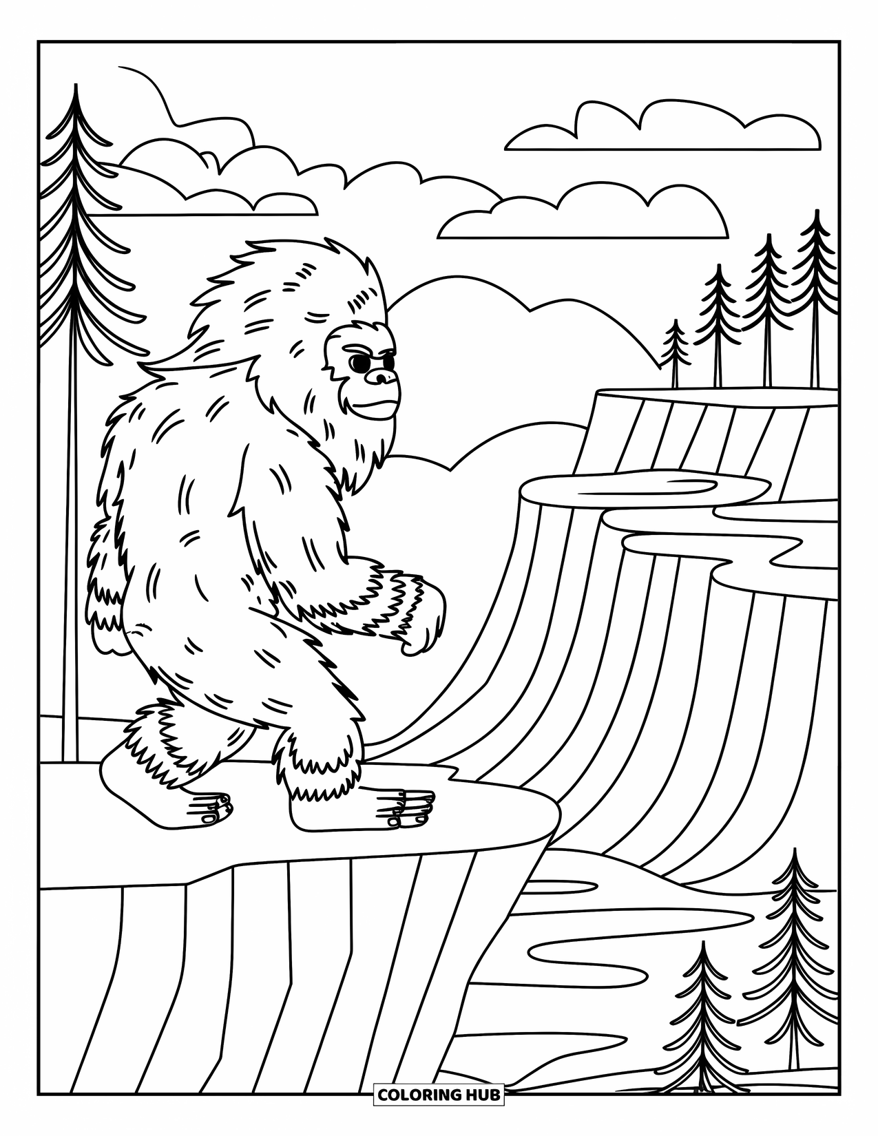 Bigfoot Coloring Page for Kids: Bigfoot gazes across hills and clouds from a quiet cliff