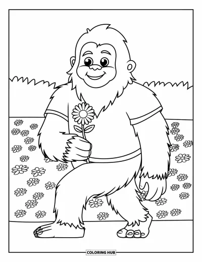 Ζωγραφιά με Bigfoot για παιδιά: Ο Bigfoot χαμογελά κρατώντας ένα λουλούδι σε ηλιόλουστο λιβάδι