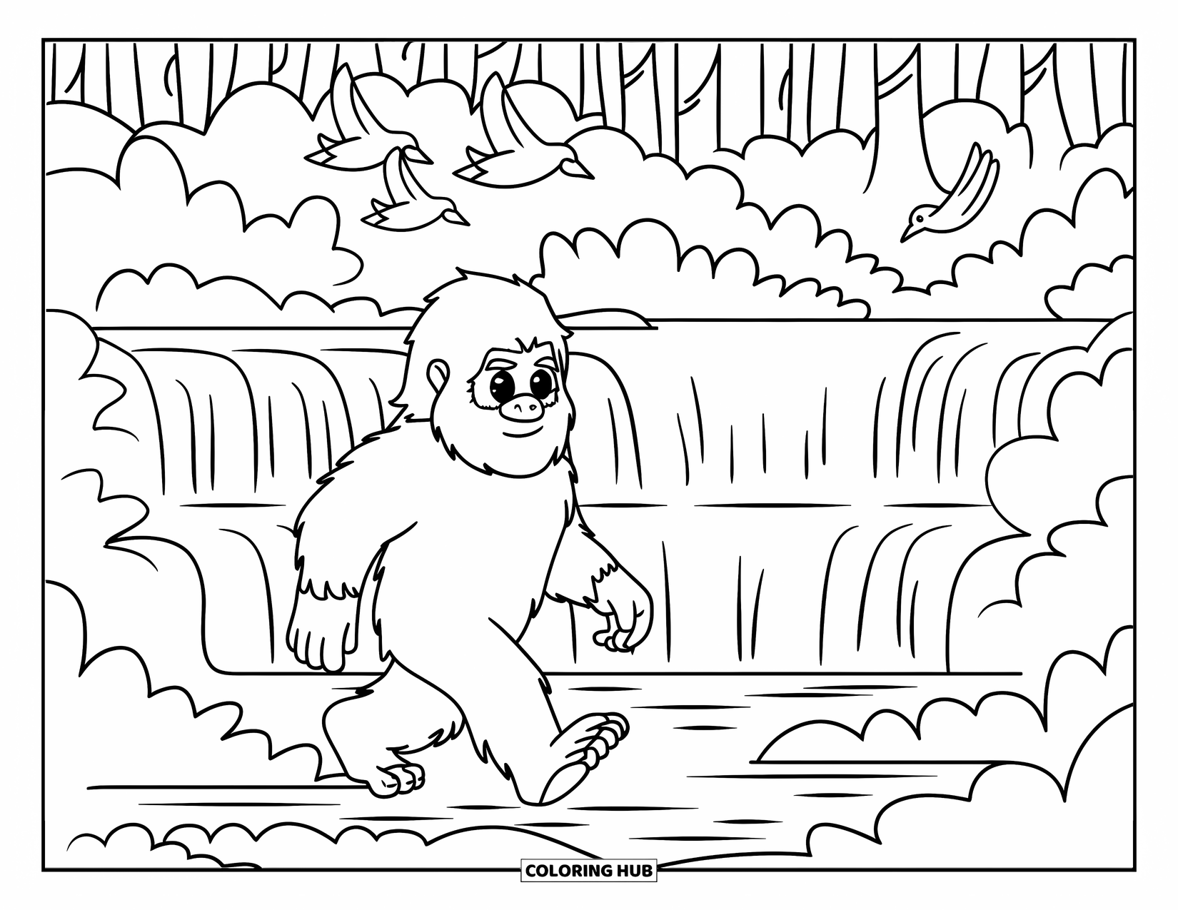Bigfoot Coloring Page for Kids: Bigfoot hikes near a waterfall as birds fly overhead