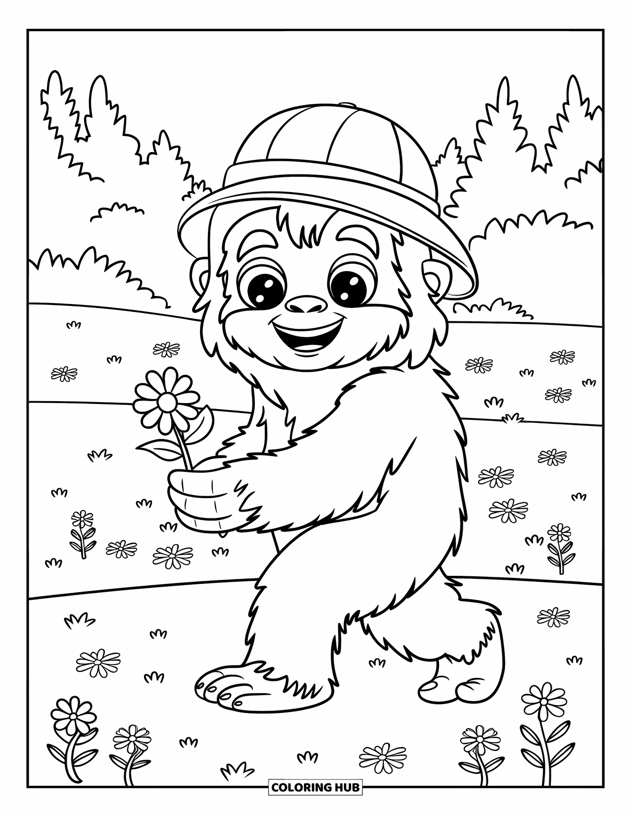 Bigfoot Coloring Page for Kids: Bigfoot holds a flower in a meadow full of wildflowers and trees