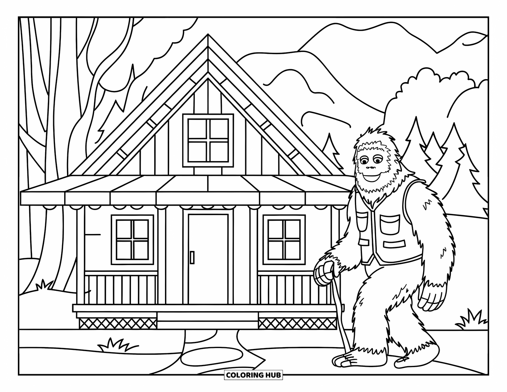Bigfoot Coloring Page for Kids: Bigfoot holds a walking stick beside a wooden cabin in the woods