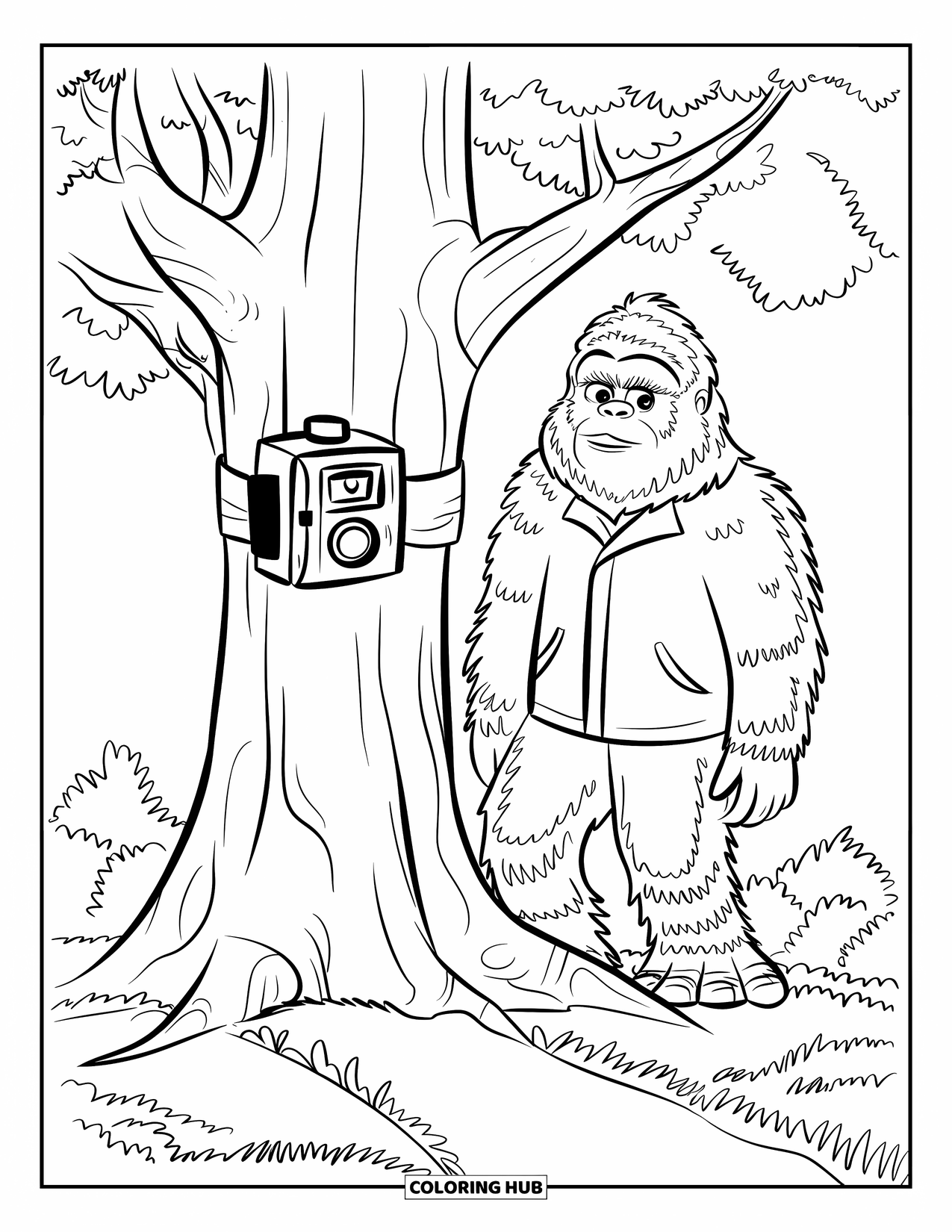 Bigfoot Coloring Page for Kids: Bigfoot in a raincoat is caught on trail camera near a forest path