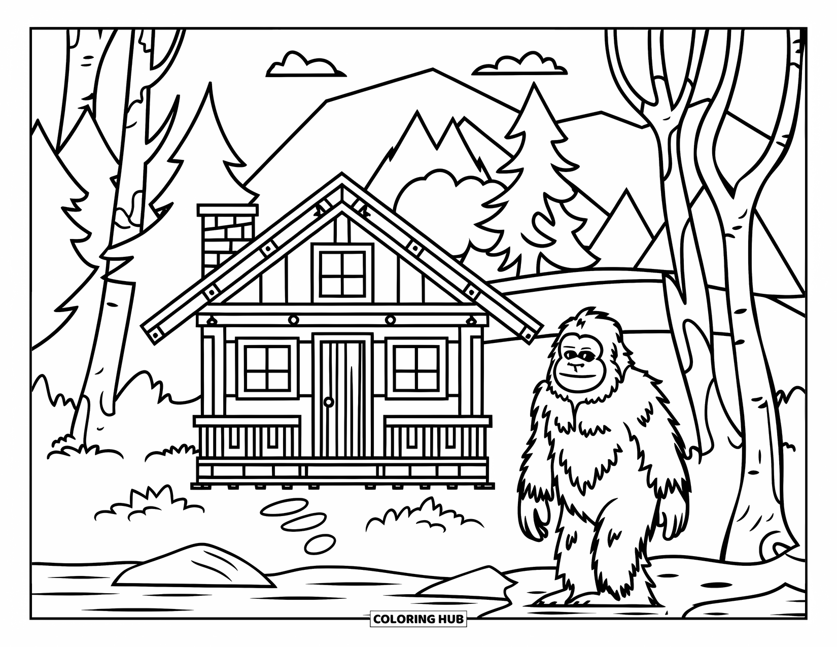Bigfoot Coloring Page for Kids: Bigfoot is near a cabin by the water, surrounded by trees and mountains
