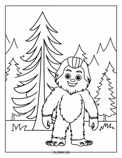 Ζωγραφιά με Bigfoot για παιδιά: Ο Bigfoot ποζάρει δίπλα σε πεύκο με περισσότερα δέντρα πίσω του