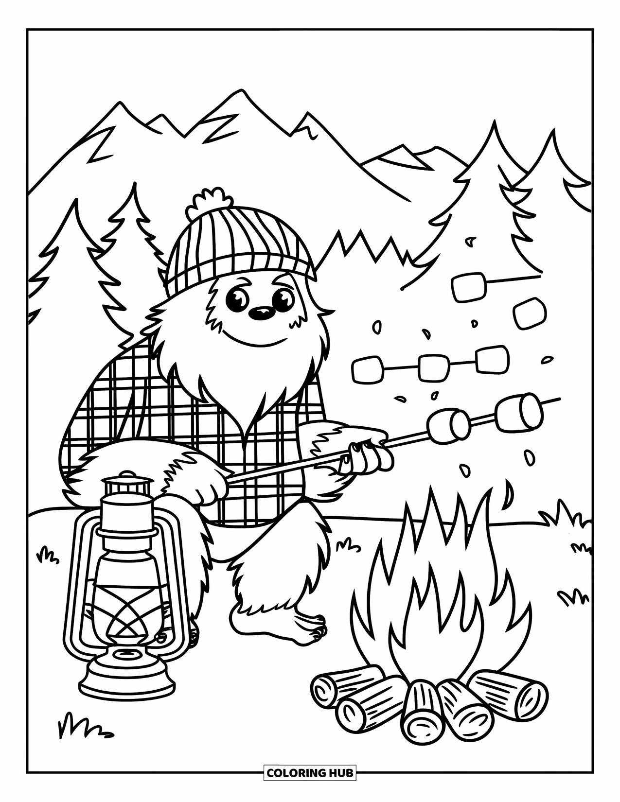 Bigfoot Coloring Page for Kids: Bigfoot roasts marshmallows at a cozy forest campsite