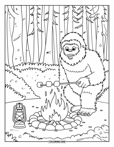 Ζωγραφιά με Bigfoot για παιδιά: Ο Bigfoot ψήνει μαρσμέλοους κοντά σε φωτιά μέσα στο δάσος