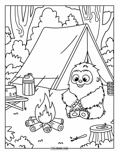 Ζωγραφιά με Bigfoot για παιδιά: Ο Bigfoot κάθεται δίπλα στη φωτιά κοντά σε σκηνή μέσα στο δάσος