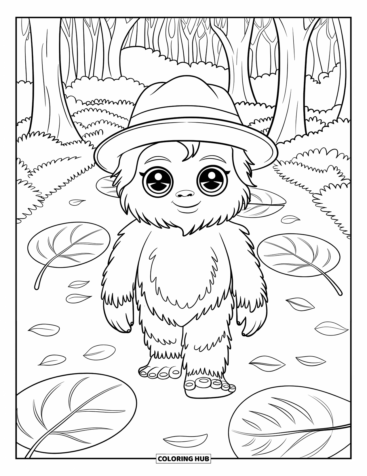 Bigfoot Coloring Page for Kids: Bigfoot smiles as he walks on a leafy trail through the woods