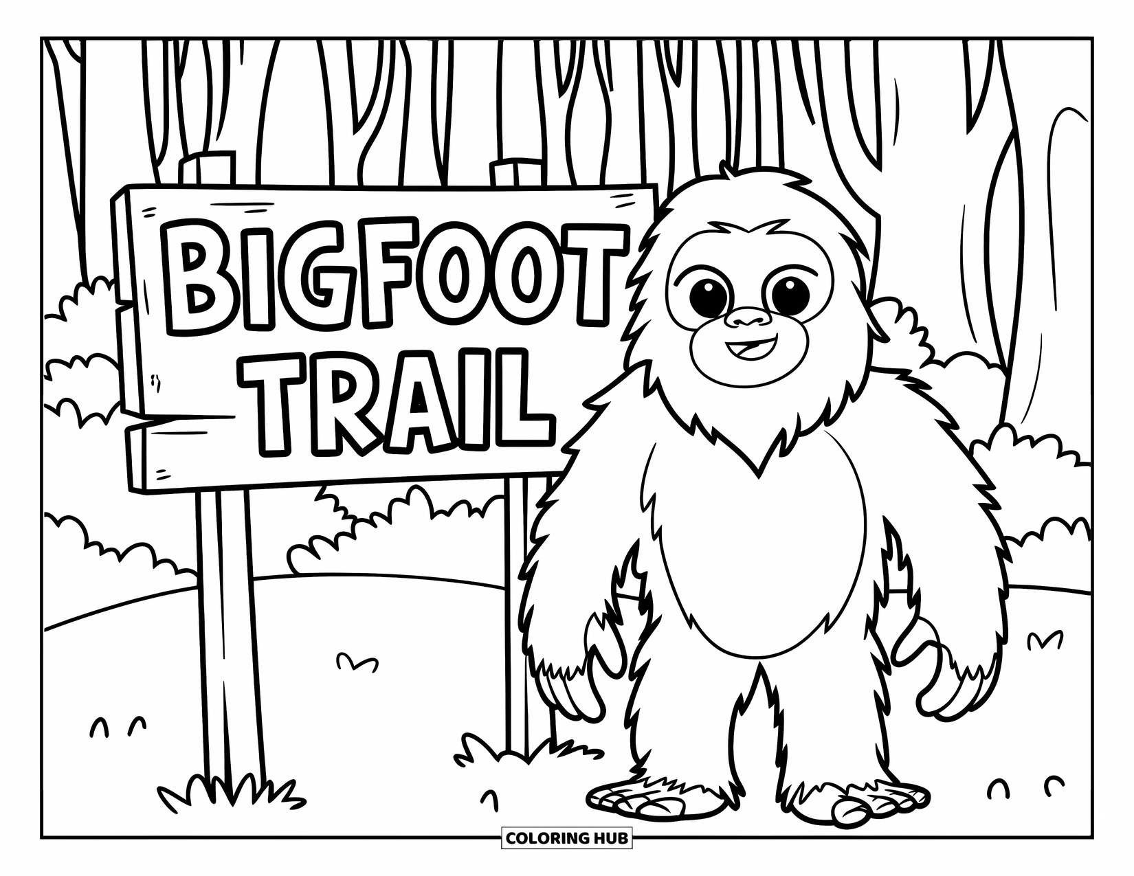 Bigfoot Coloring Page for Kids: Bigfoot smiles next to a "Bigfoot Trail" sign in a dense forest