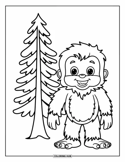 Ζωγραφιά με Bigfoot για παιδιά: Ο Bigfoot χαμογελά δίπλα σε πεύκο με δάσος στο βάθος