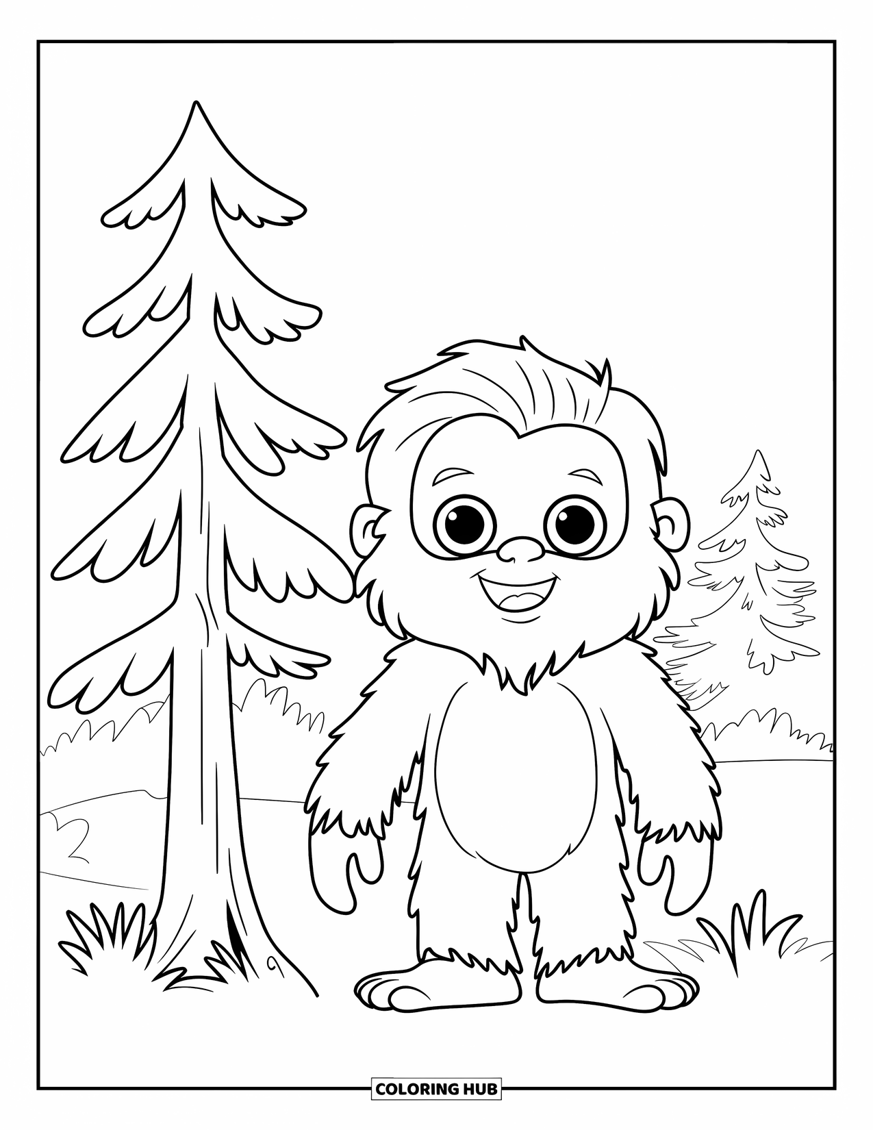 Bigfoot Coloring Page for Kids: Bigfoot stands beside a tall pine tree in a peaceful forest