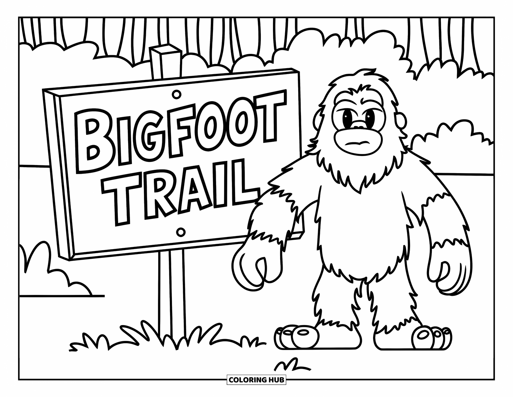 Bigfoot Coloring Page for Kids: Bigfoot stands beside a wooden "Bigfoot Trail" sign in the forest