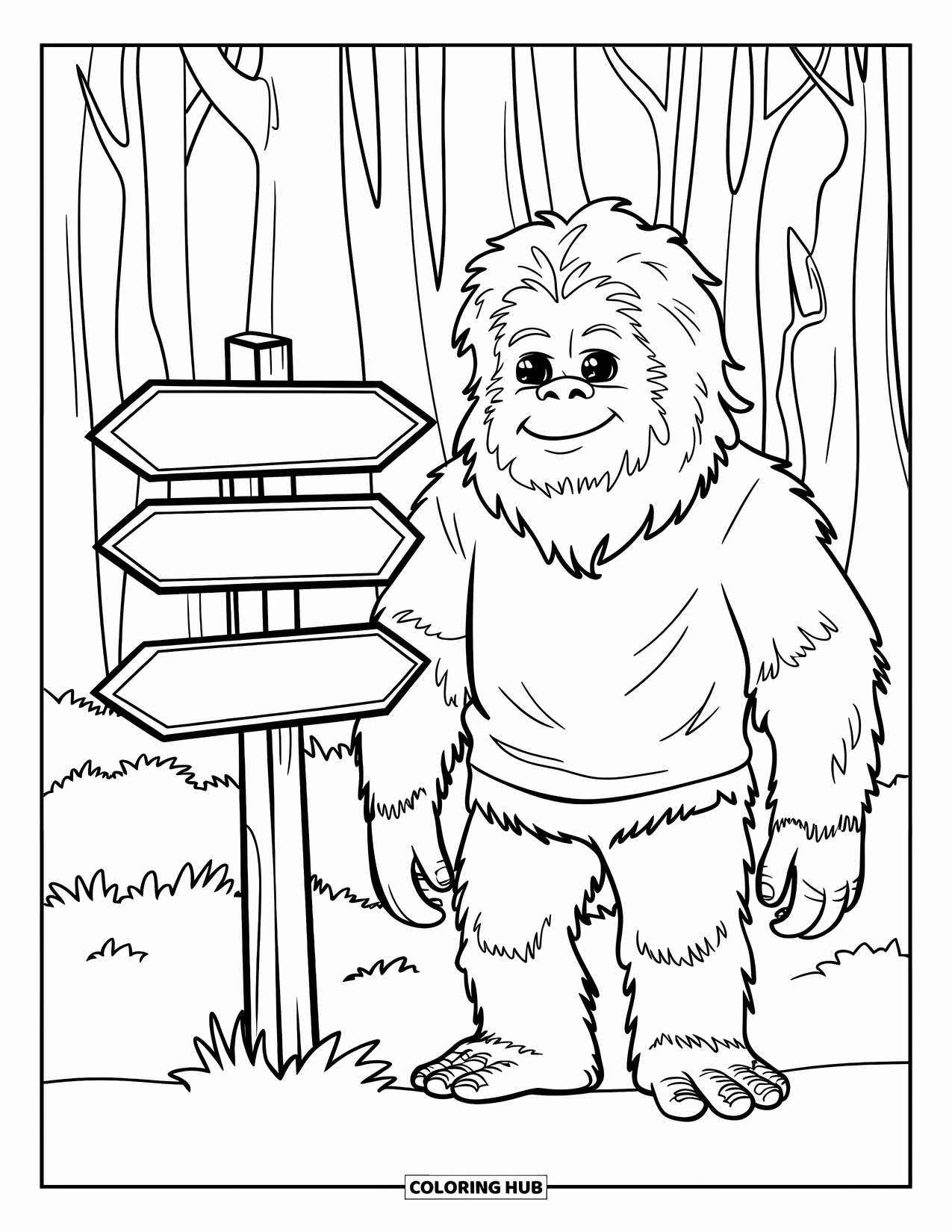 Bigfoot Coloring Page for Kids: Bigfoot stands by a trail signpost with three arrows